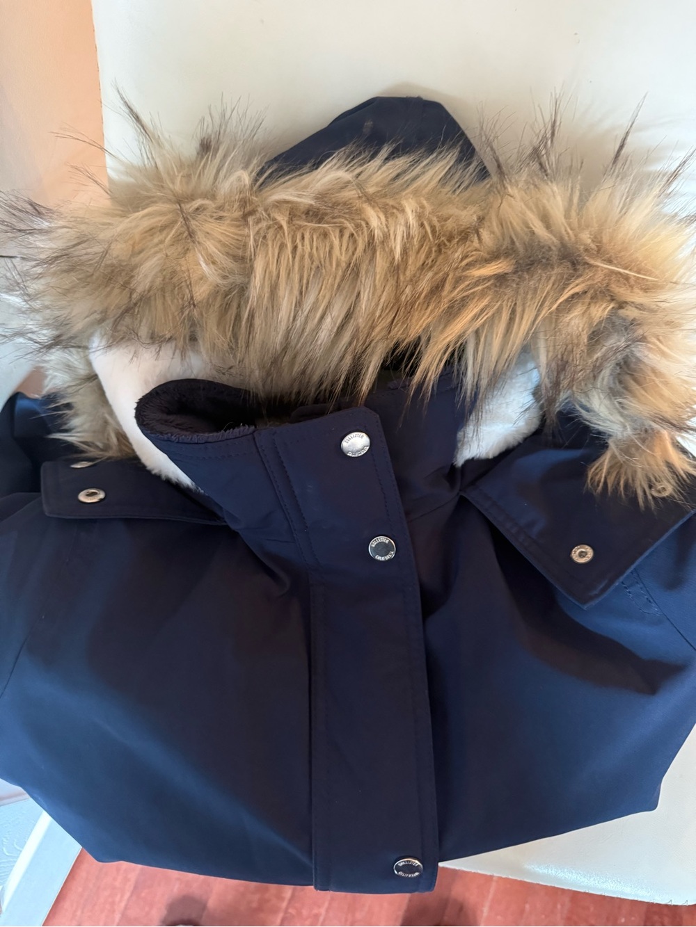 Hollister Navy Blue Puffer Jacket with Faux-Fur Trim Hood